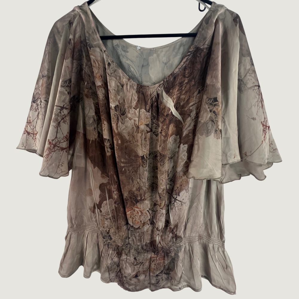 Floral Flutter Sleeve Smocked Waist Blouse Taupe Brown Peplum Top RN 42000